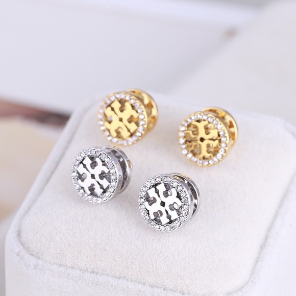 Tory Burch Gold Miller Pave Circle-Stud Earrings - Picture 8 of 14